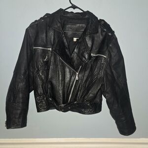 Vintage Black Leather Moto Zippered Belted Jacket Size Small Biker Grunge Unisex